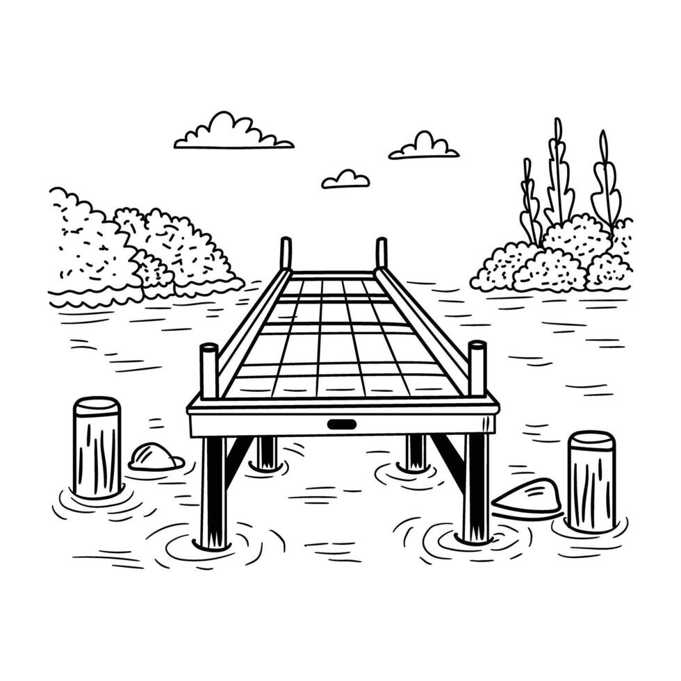 A drawing of a bridge over the water vector