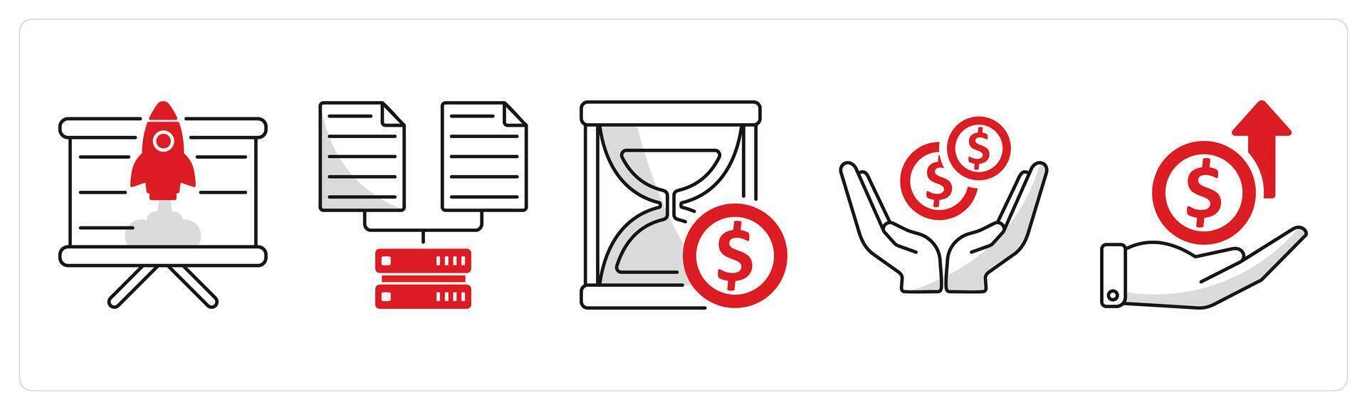 A set of 5 business icons as business startup, data collection, time is money vector