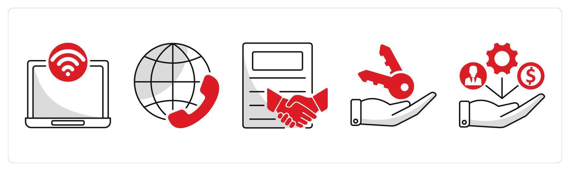 A set of 5 business icons as internet access, international conference call, partnership vector