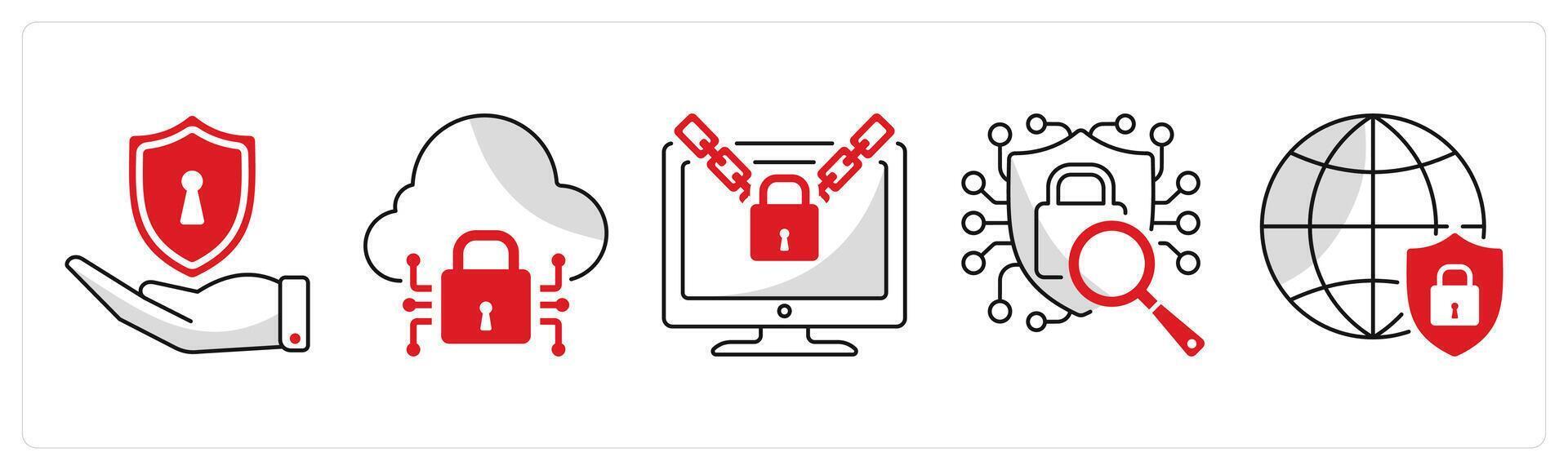 A set of 5 security icons as protection, cloud security, ransomware vector