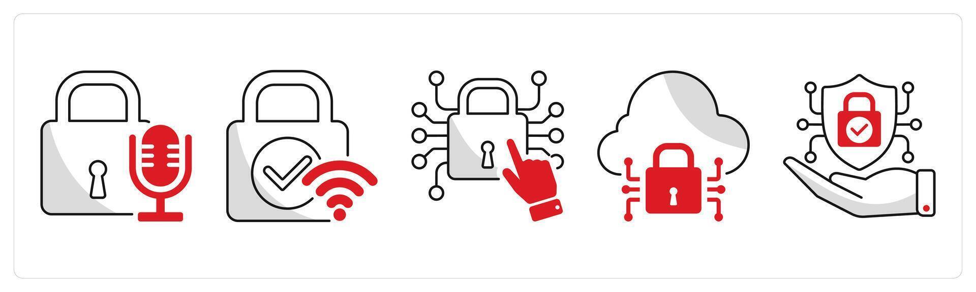 A set of 5 security icons as voice lock, wireless security, access control vector