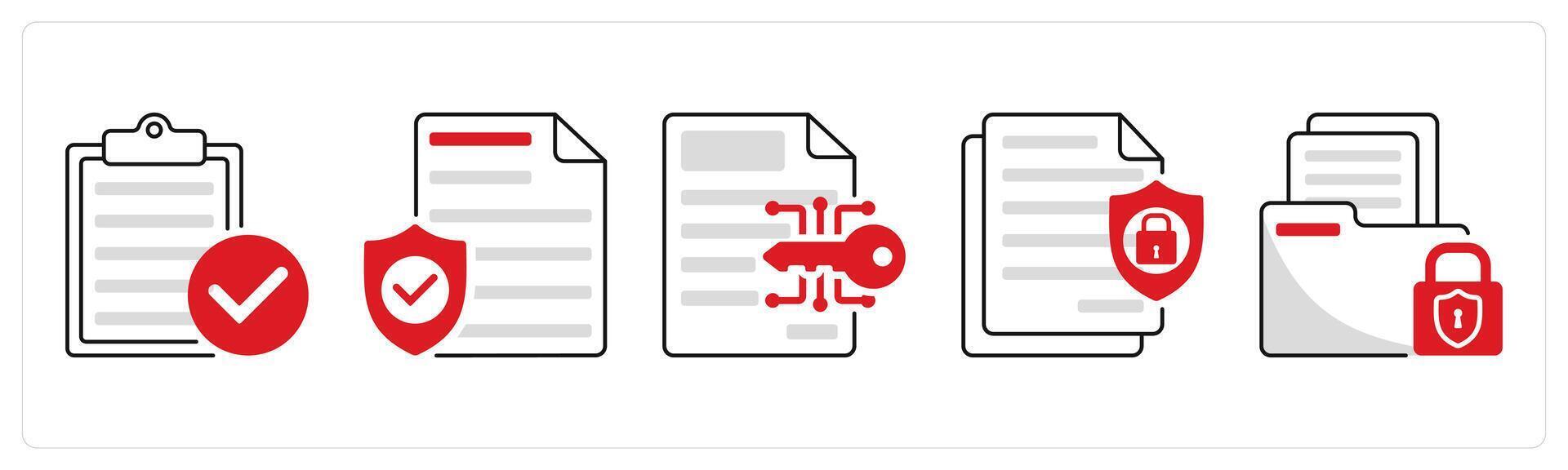 A set of 5 security icons as firewall, file security, data encryption vector