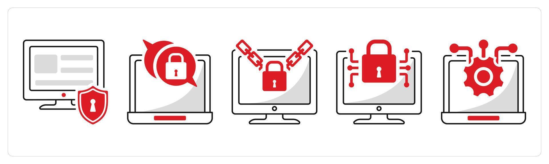 A set of 5 security icons as computer security, end to end encryption, ransomware vector