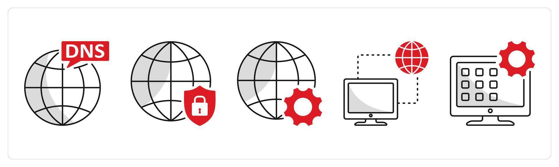 un conjunto de 5 5 web diseño íconos como DNS, red proteccion, desarrollo vector