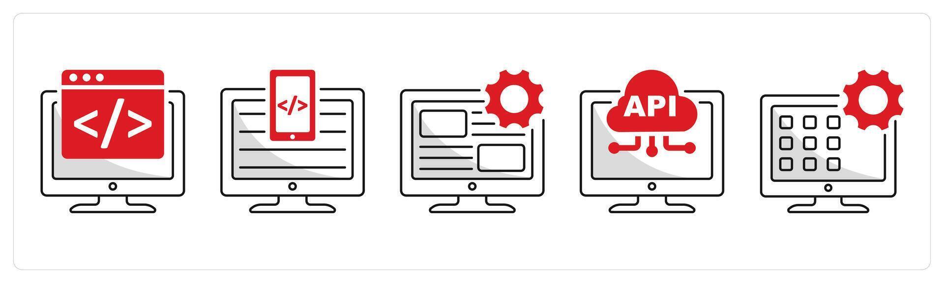 A set of 5 web design icons as web development, adaptive coding, user interface vector