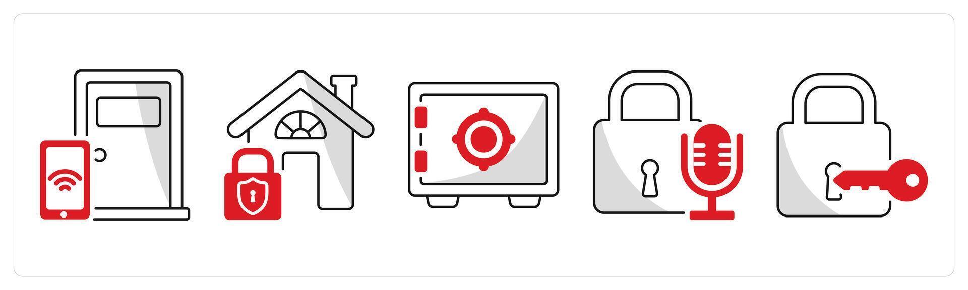 A set of 5 security icons as smart lock, home protection, crypto vault vector
