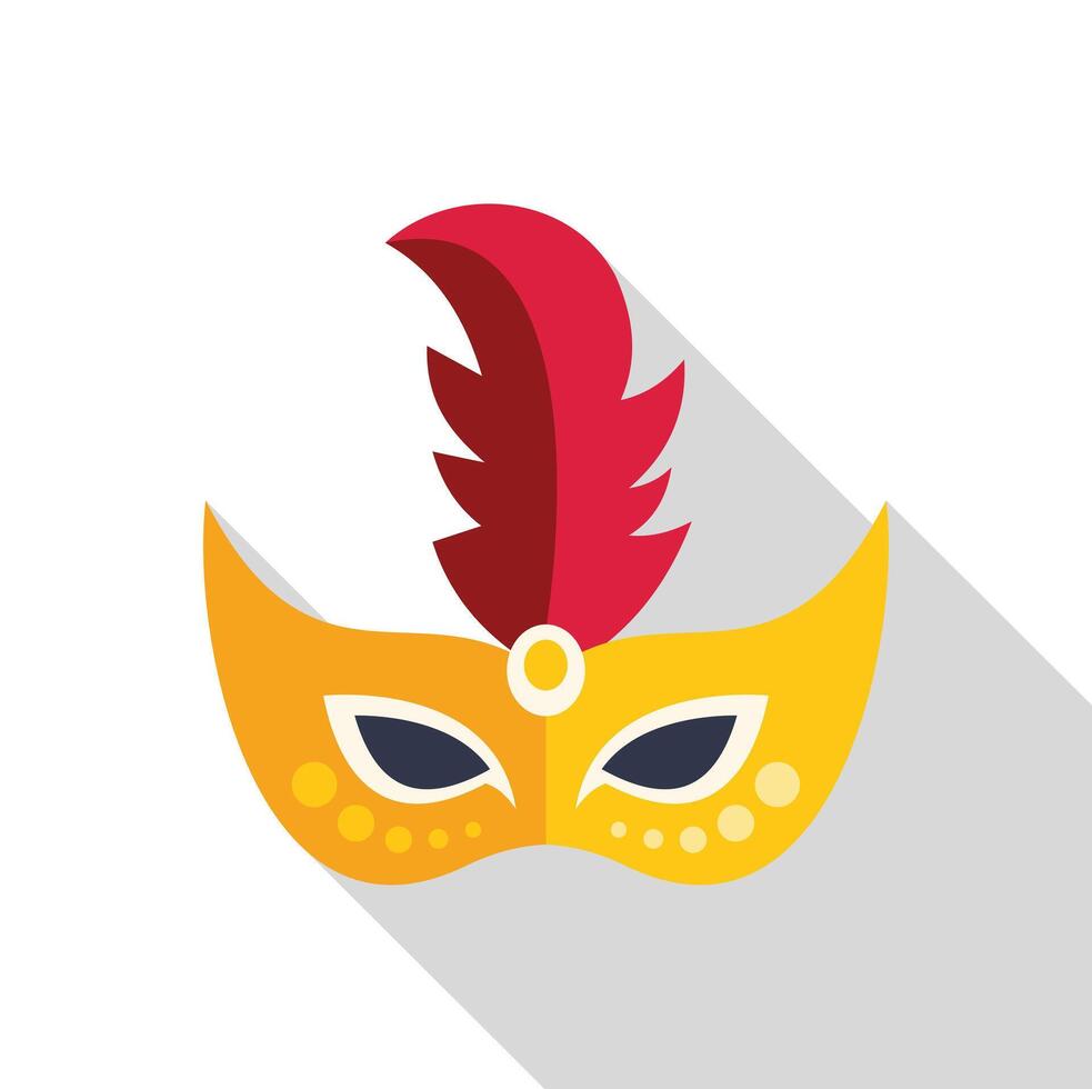 Yellow carnival mask with red feathers and long shadow vector