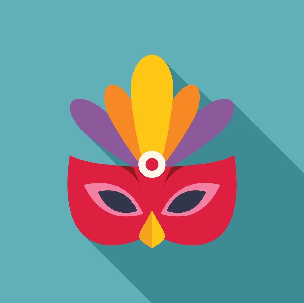 Red carnival mask with colorful feathers and long shadow vector