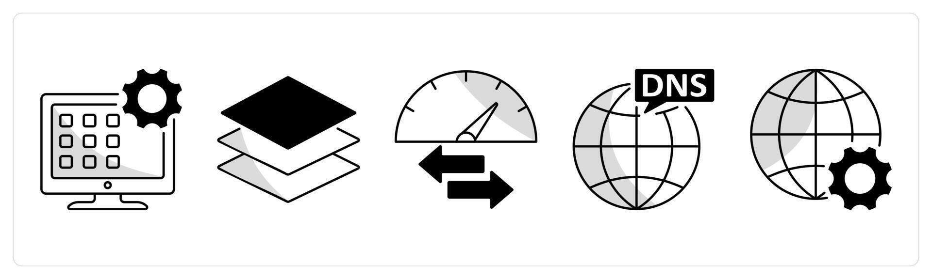 A set of 5 web design icons as application, layers element, speed badwidth vector
