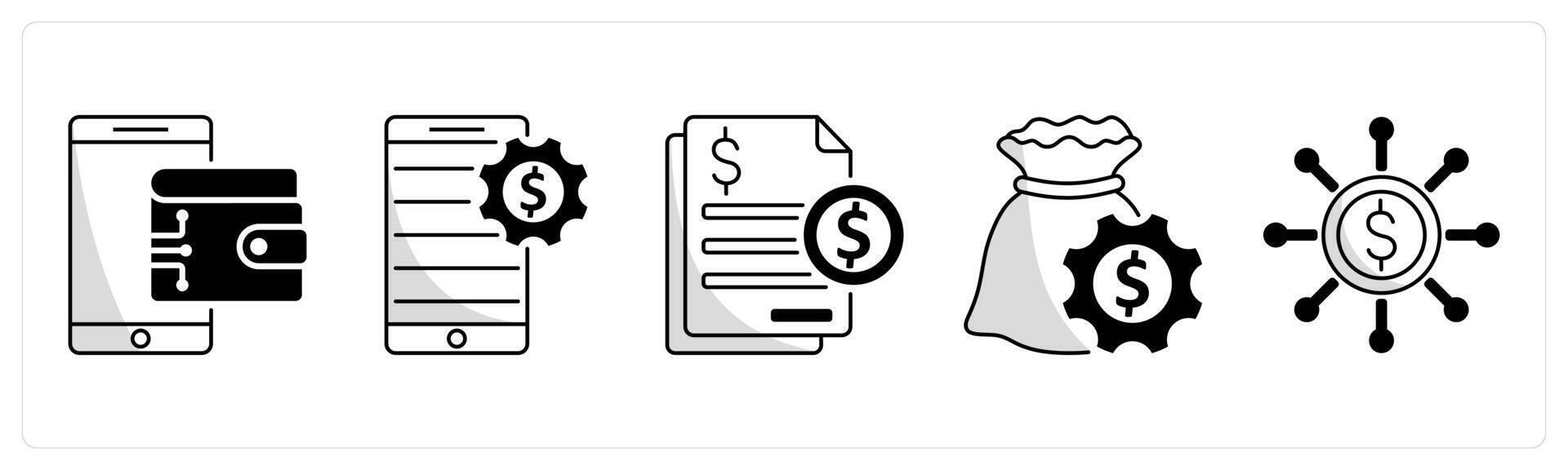 A set of 5 blockchain icons as digital wallet, fintech, tax vector