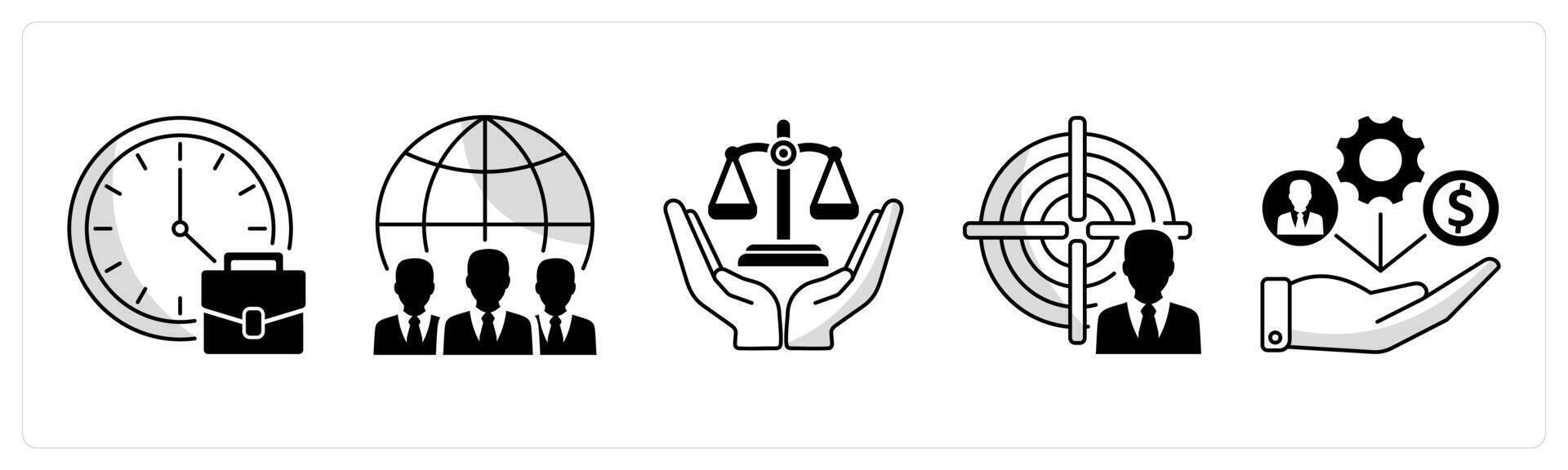 A set of 5 business icons as office hours, international team, business ethics vector