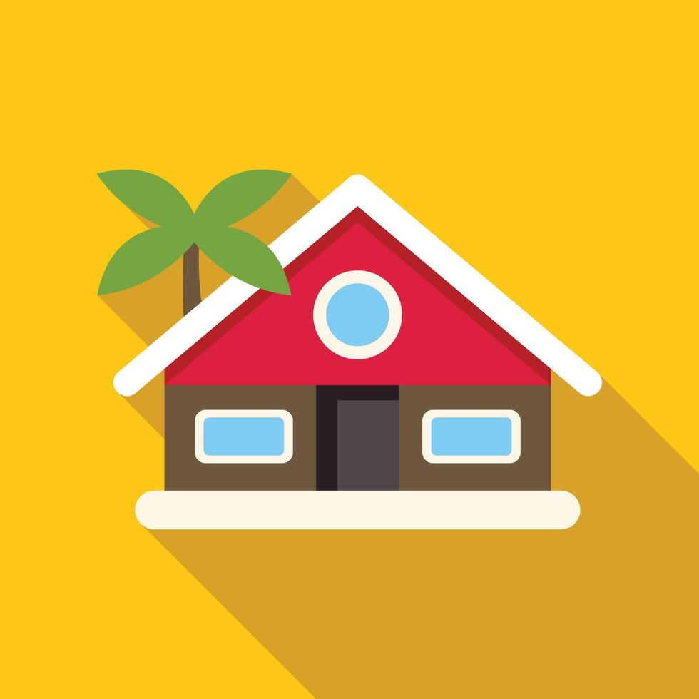 Tropical bungalow with palm tree and long shadow on yellow background vector