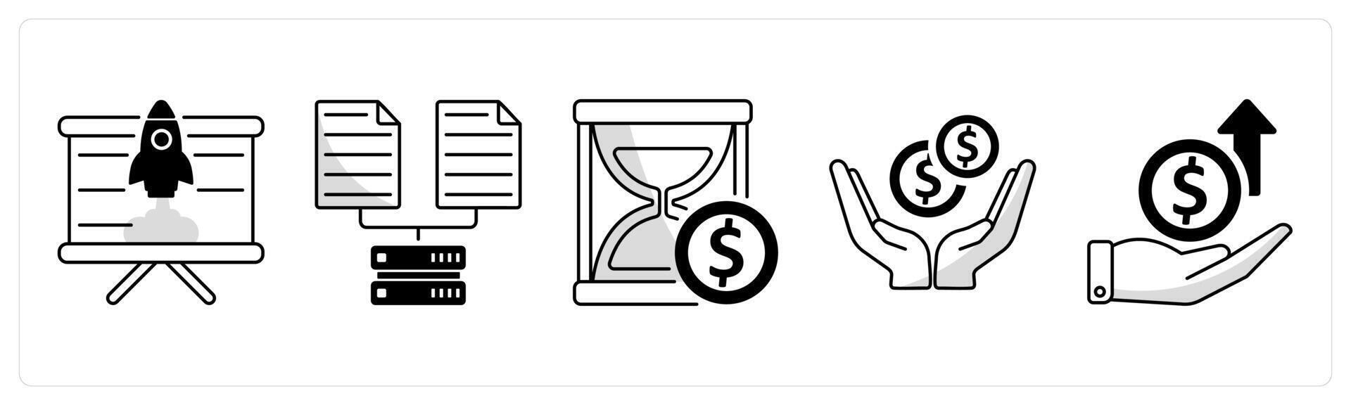 A set of 5 business icons as business startup, data collection, time is money vector