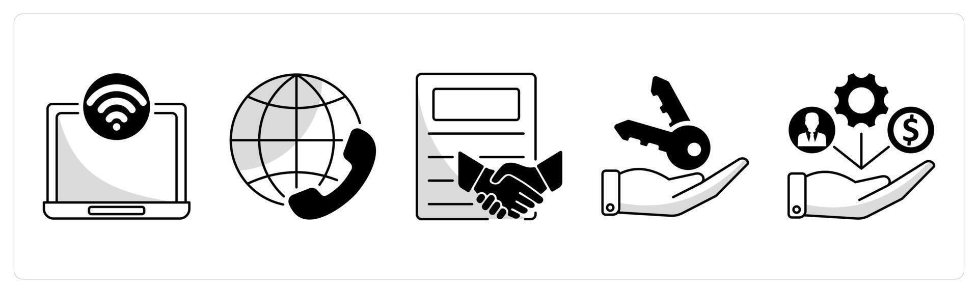 A set of 5 business icons as internet access, international conference call, partnership vector