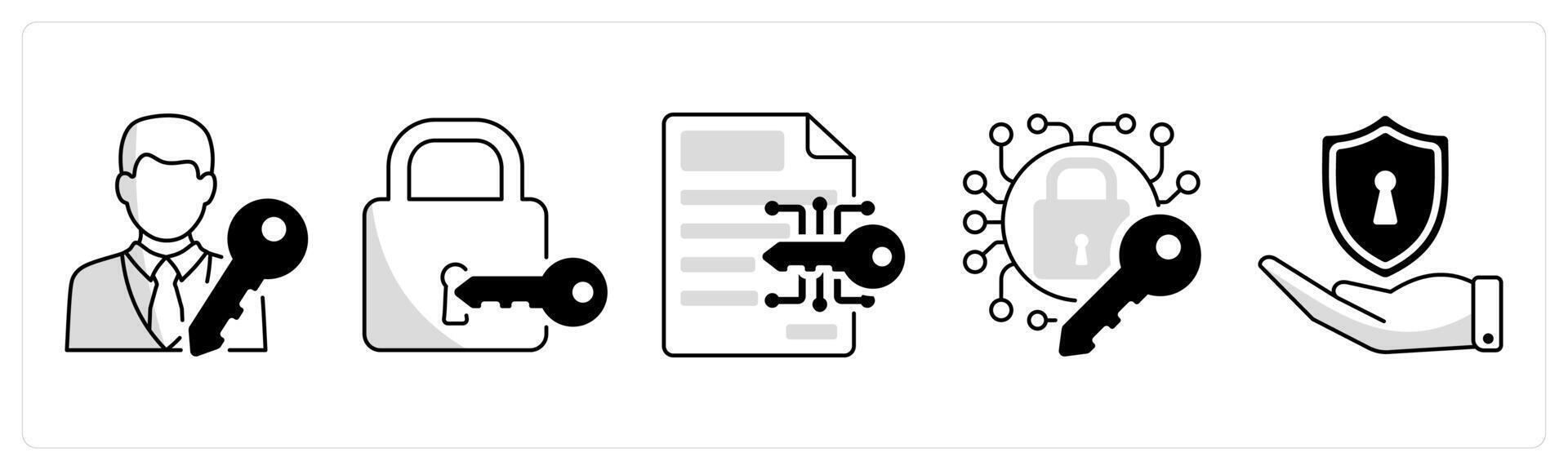 A set of 5 security icons as user access, access lock, data encryption vector