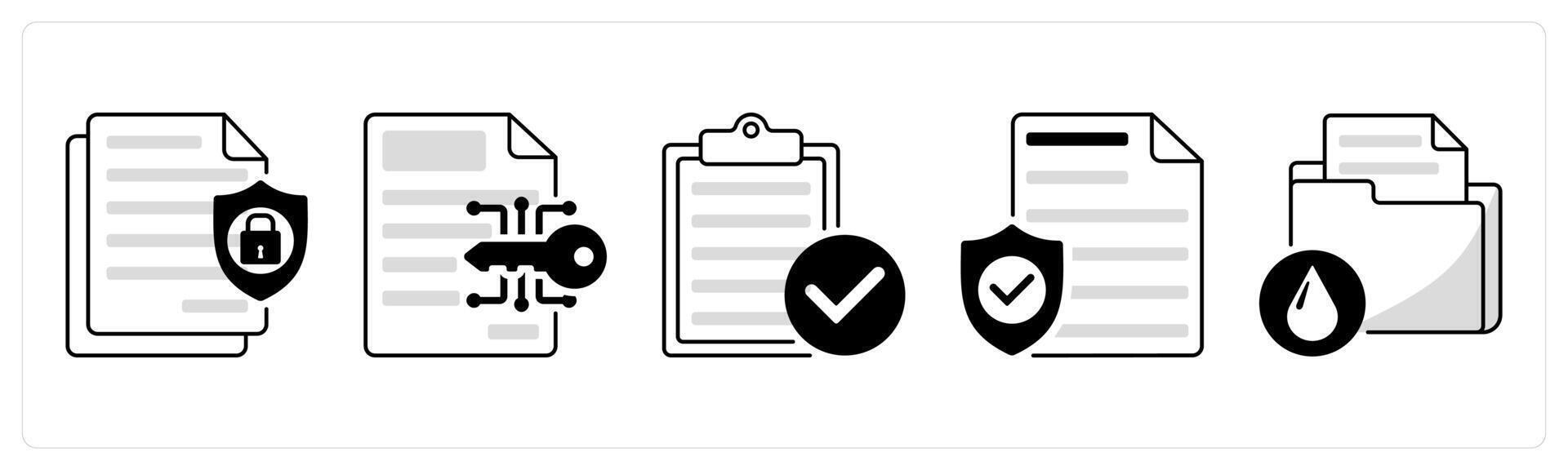 A set of 5 security icons as confidential information, data encryption, verification report vector