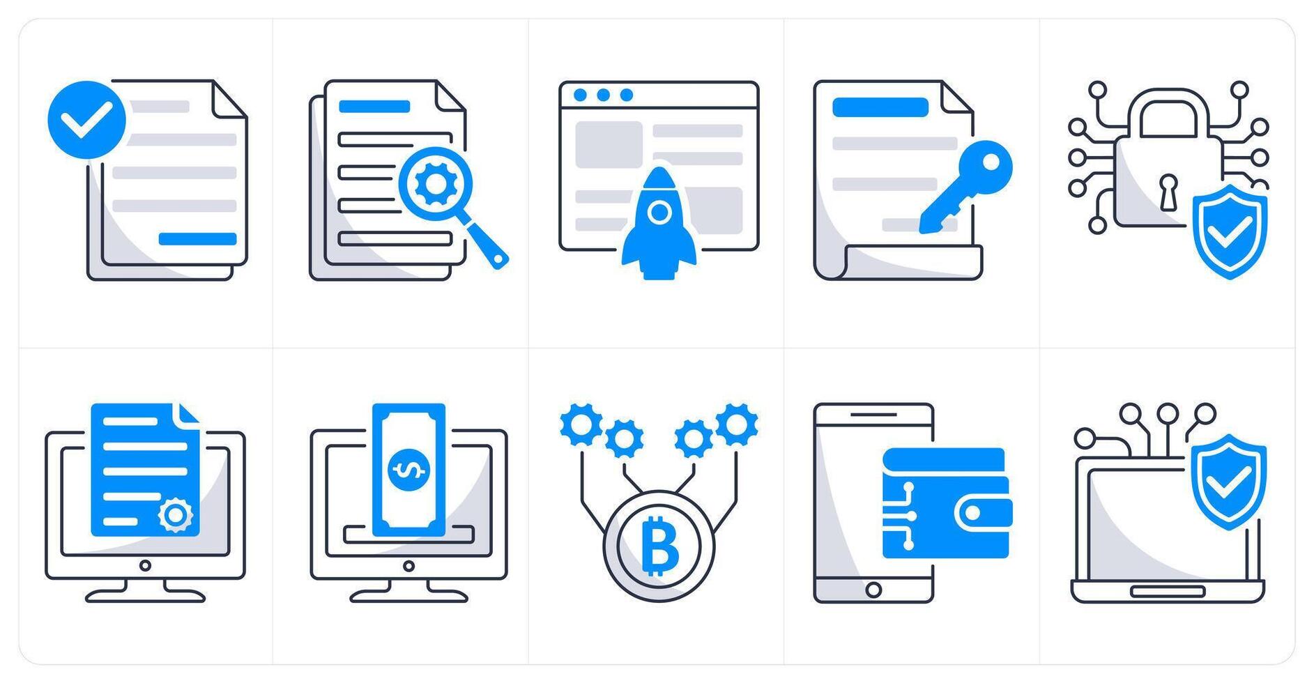 A set of 10 blockchain icons as smart contract, data, fintech, digital key vector