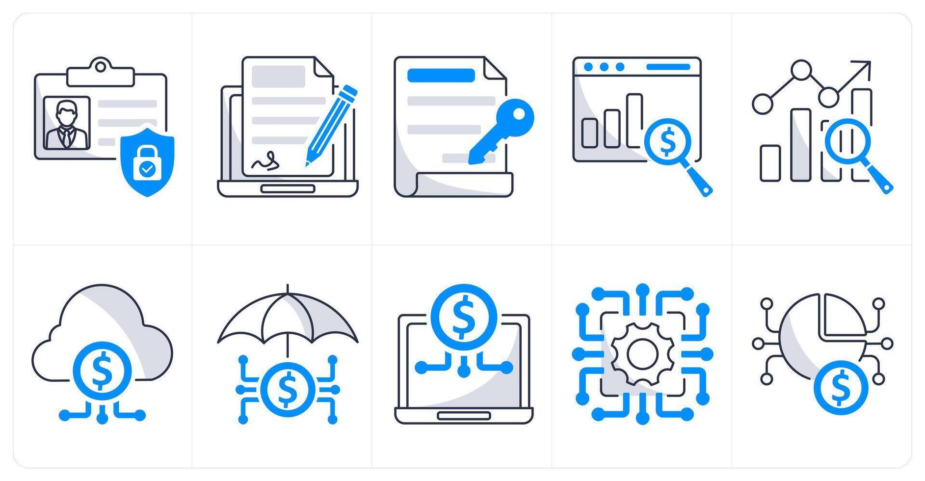 A set of 10 blockchain icons as id protection, electronic signature, digital key vector