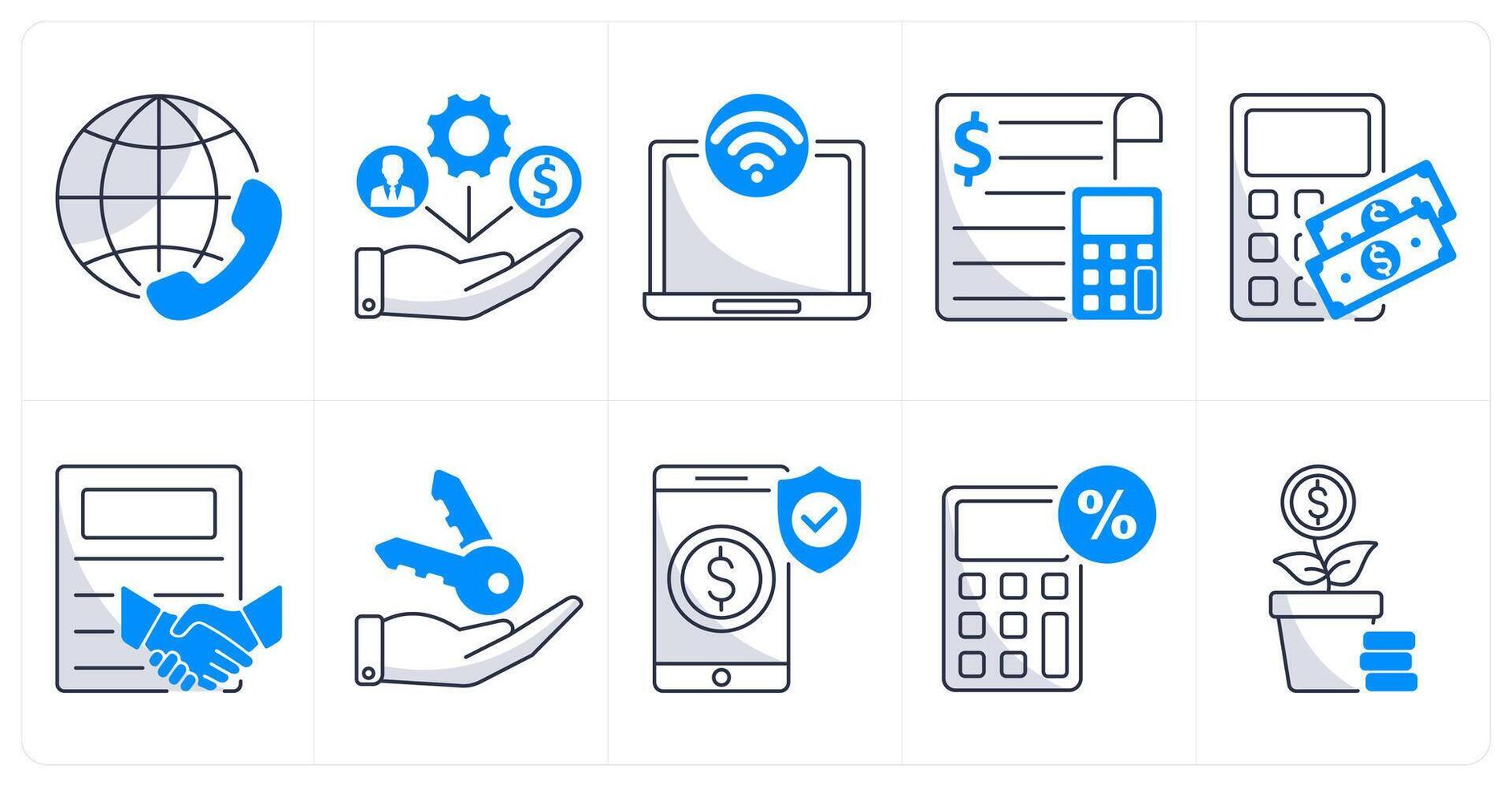 A set of 10 business icons as international conference call, resource allocation, internet access vector