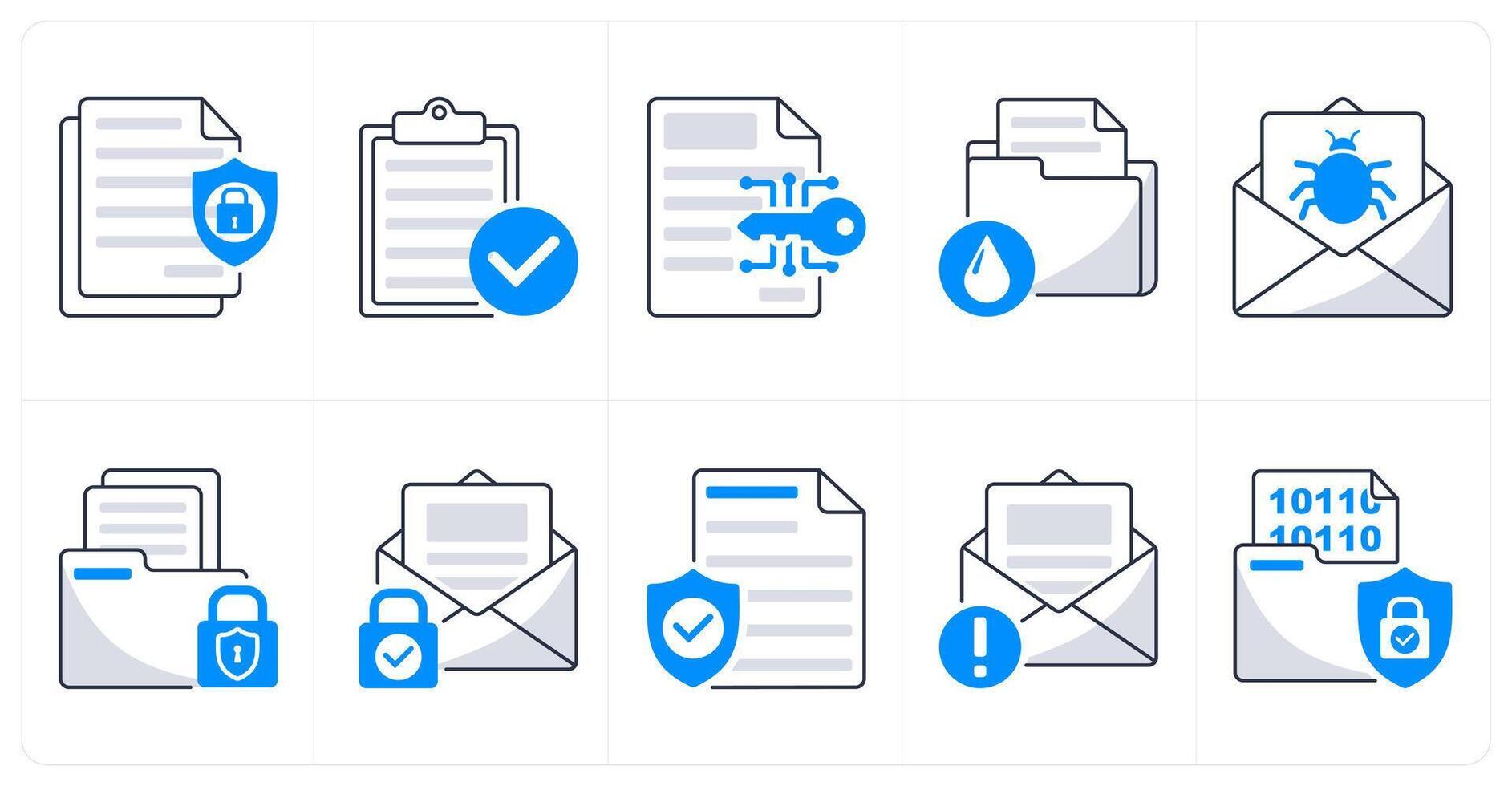A set of 10 security icons as confidential information, verification report, data encryption vector