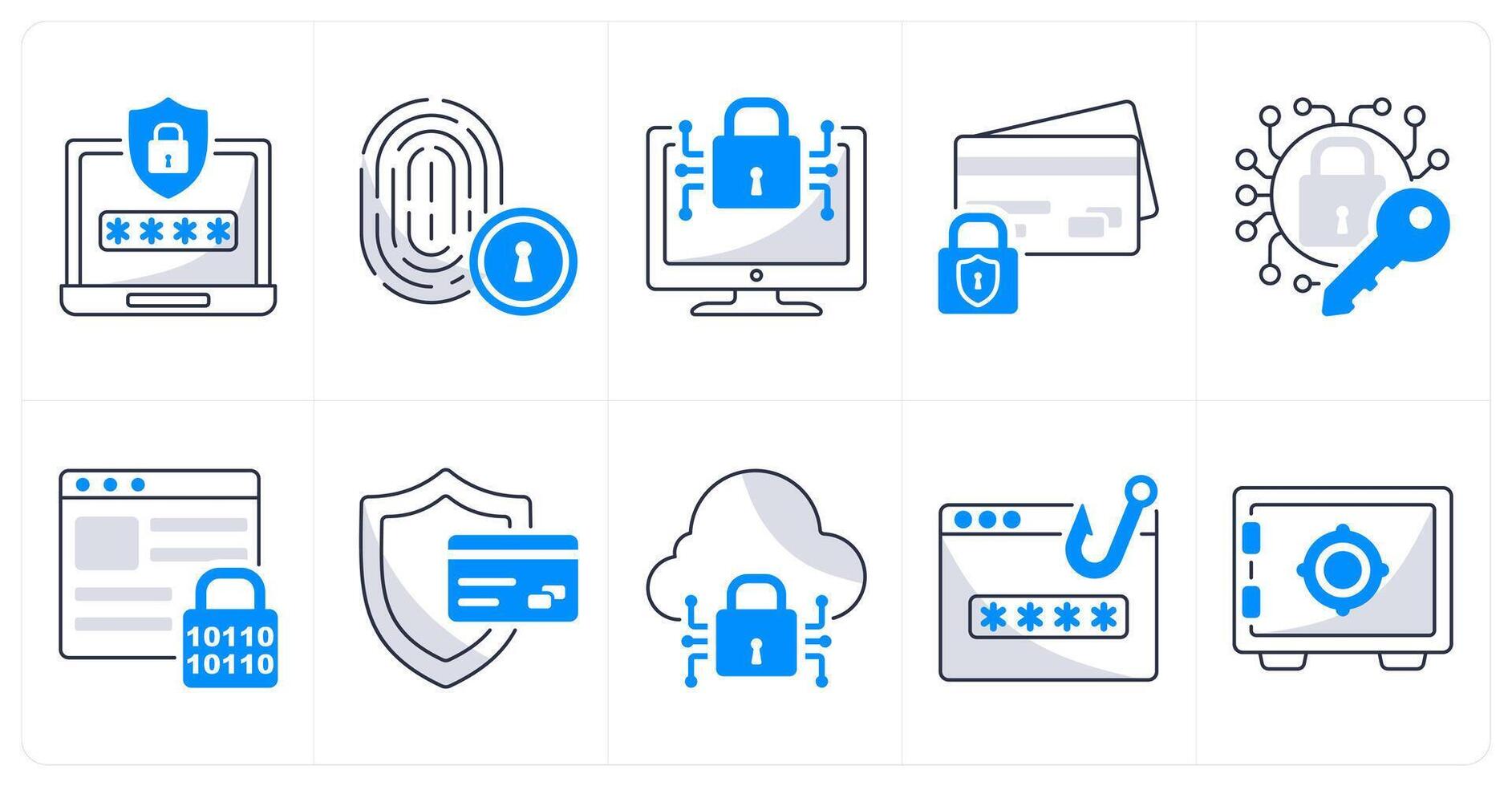 A set of 10 security icons as password safety, fingerprint security, cyber security vector