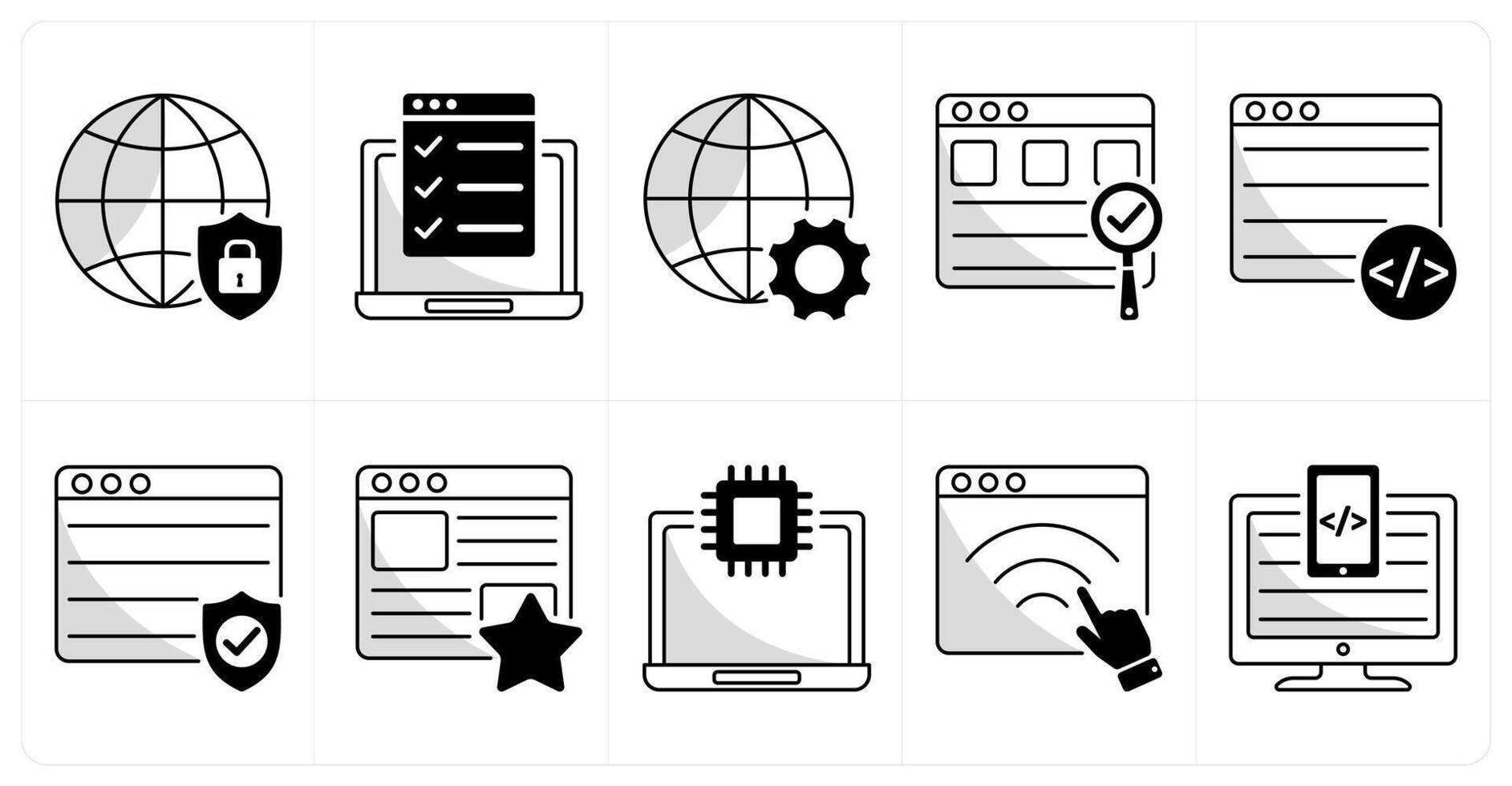 A set of 10 web design icons as network protection, testing features, development vector