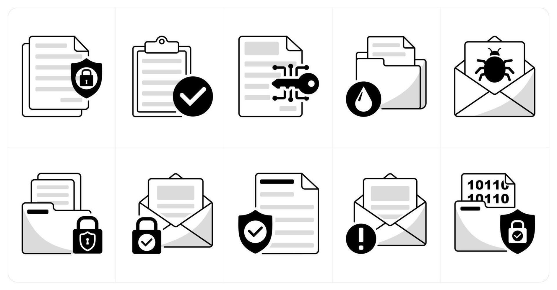 A set of 10 security icons as confidential information, verification report, data encryption vector