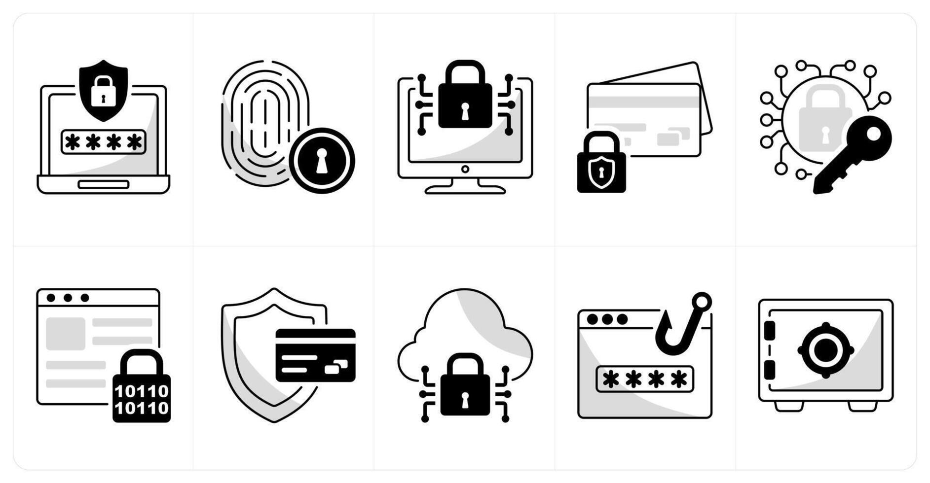 A set of 10 security icons as password safety, fingerprint security, cyber security vector