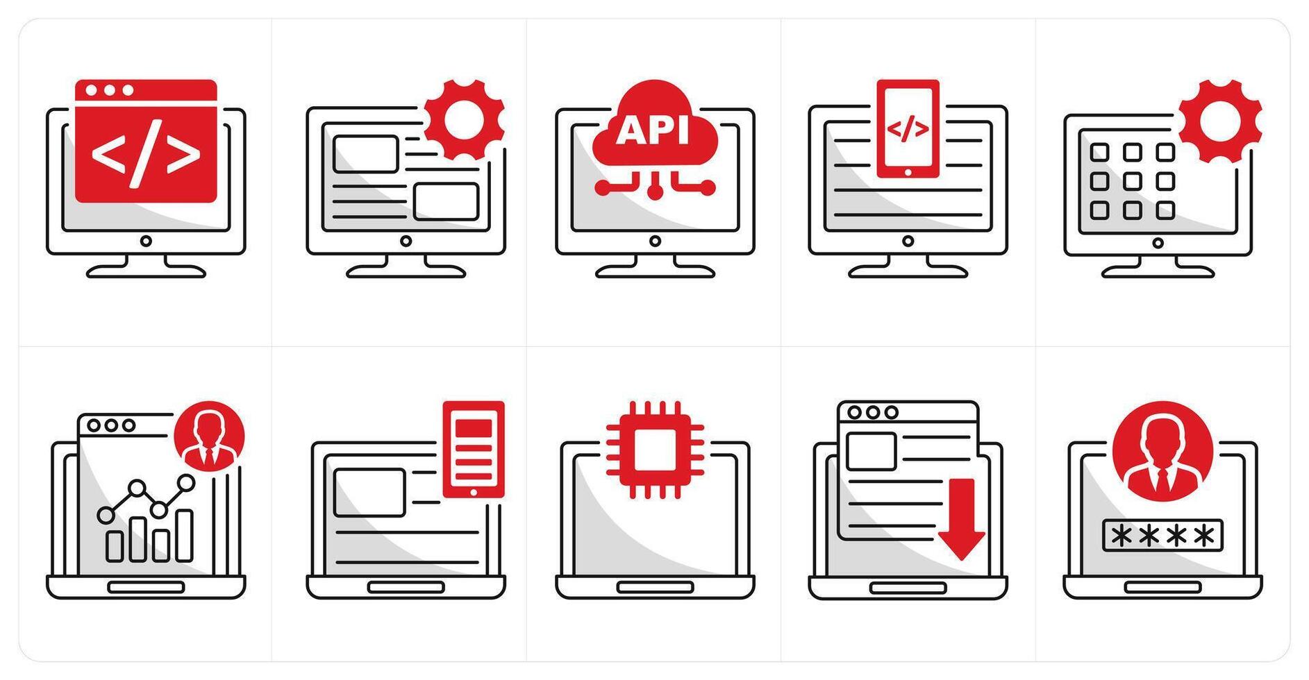 A set of 10 web design icons as web development, user interface, api interface vector