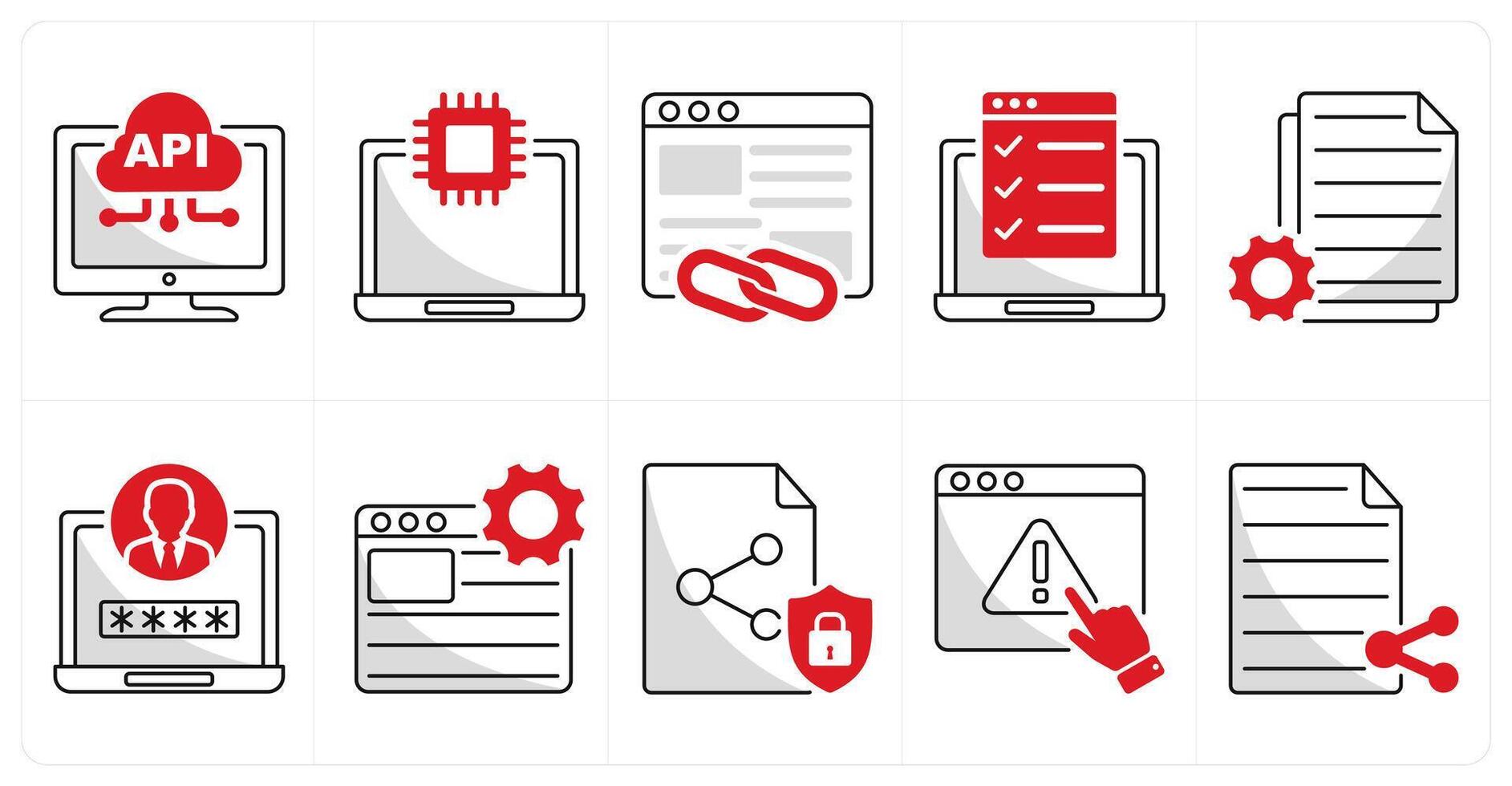 un conjunto de 10 web diseño íconos como api interfaz, tecnología, vínculo de retroceso vector