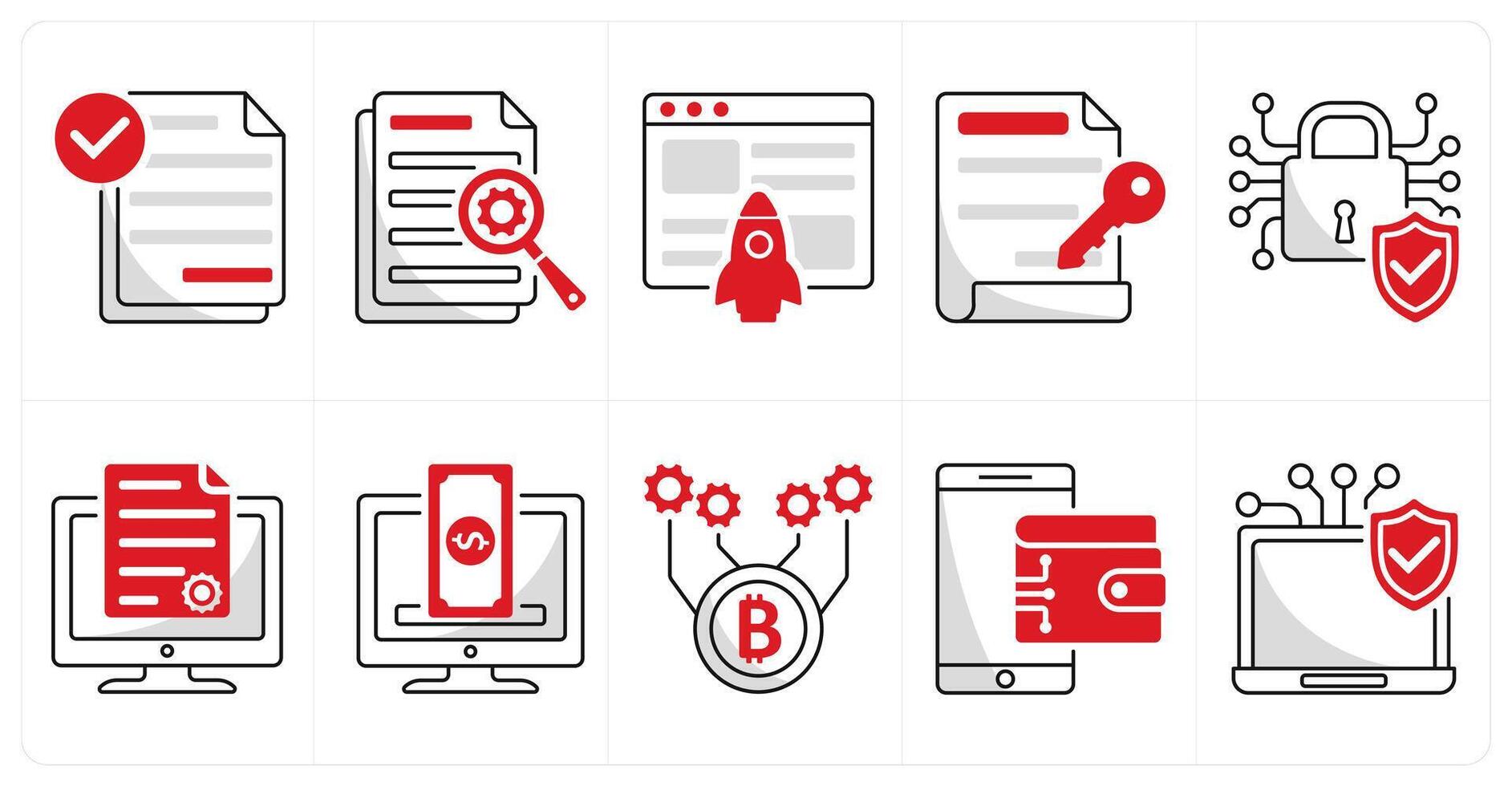 A set of 10 blockchain icons as smart contract, data, fintech, digital key vector
