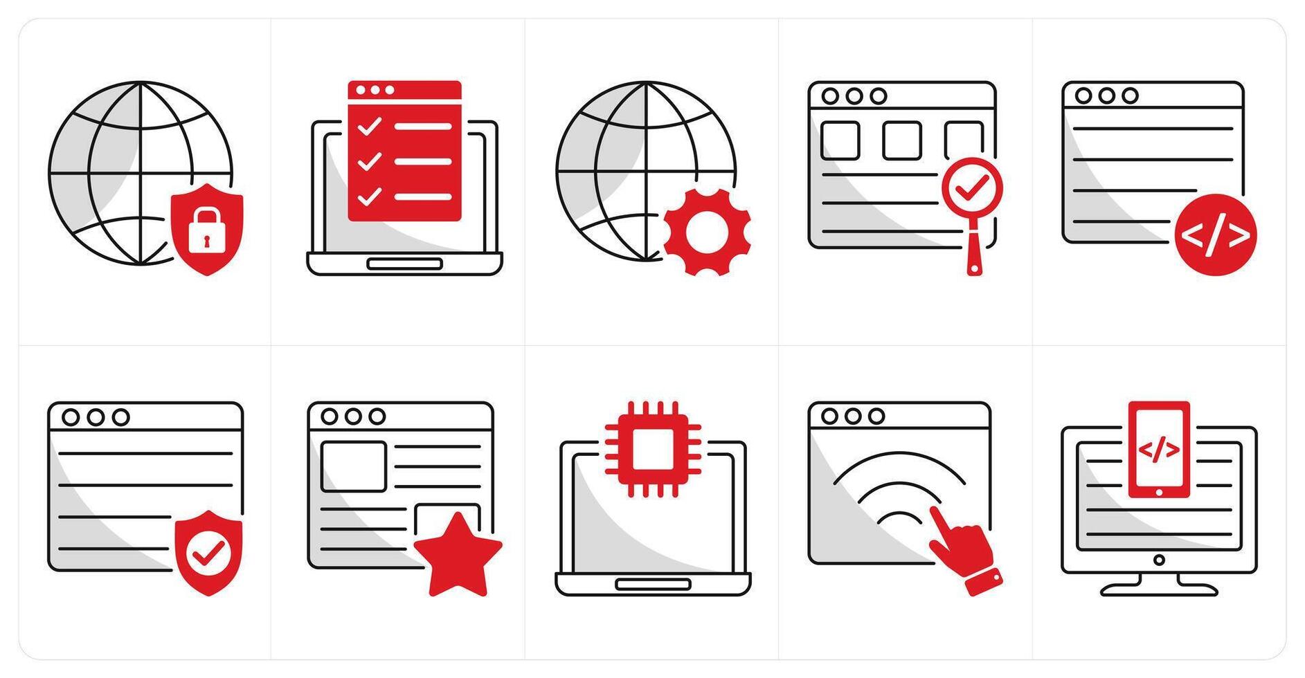 A set of 10 web design icons as network protection, testing features, development vector