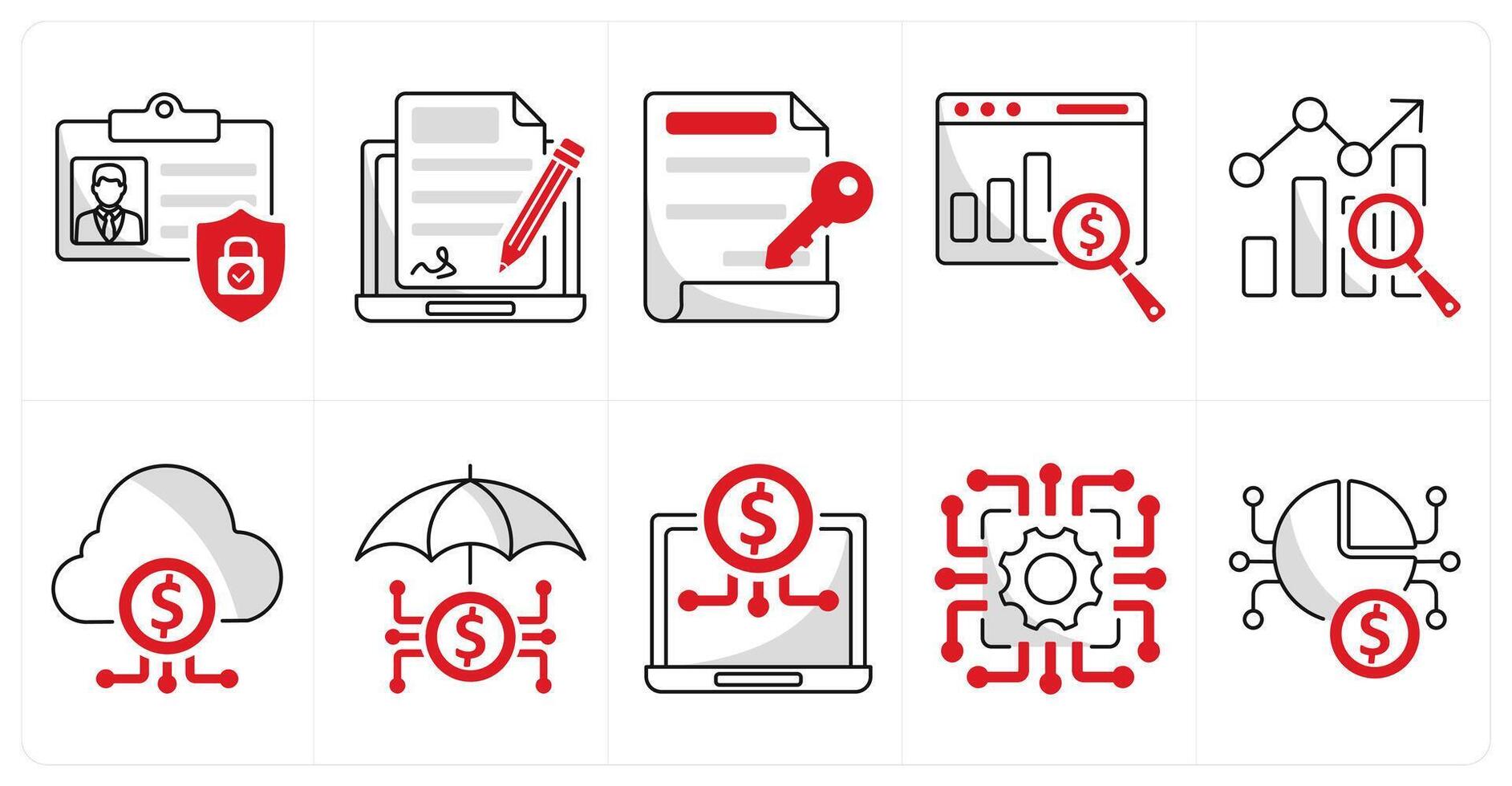 A set of 10 blockchain icons as id protection, electronic signature, digital key vector