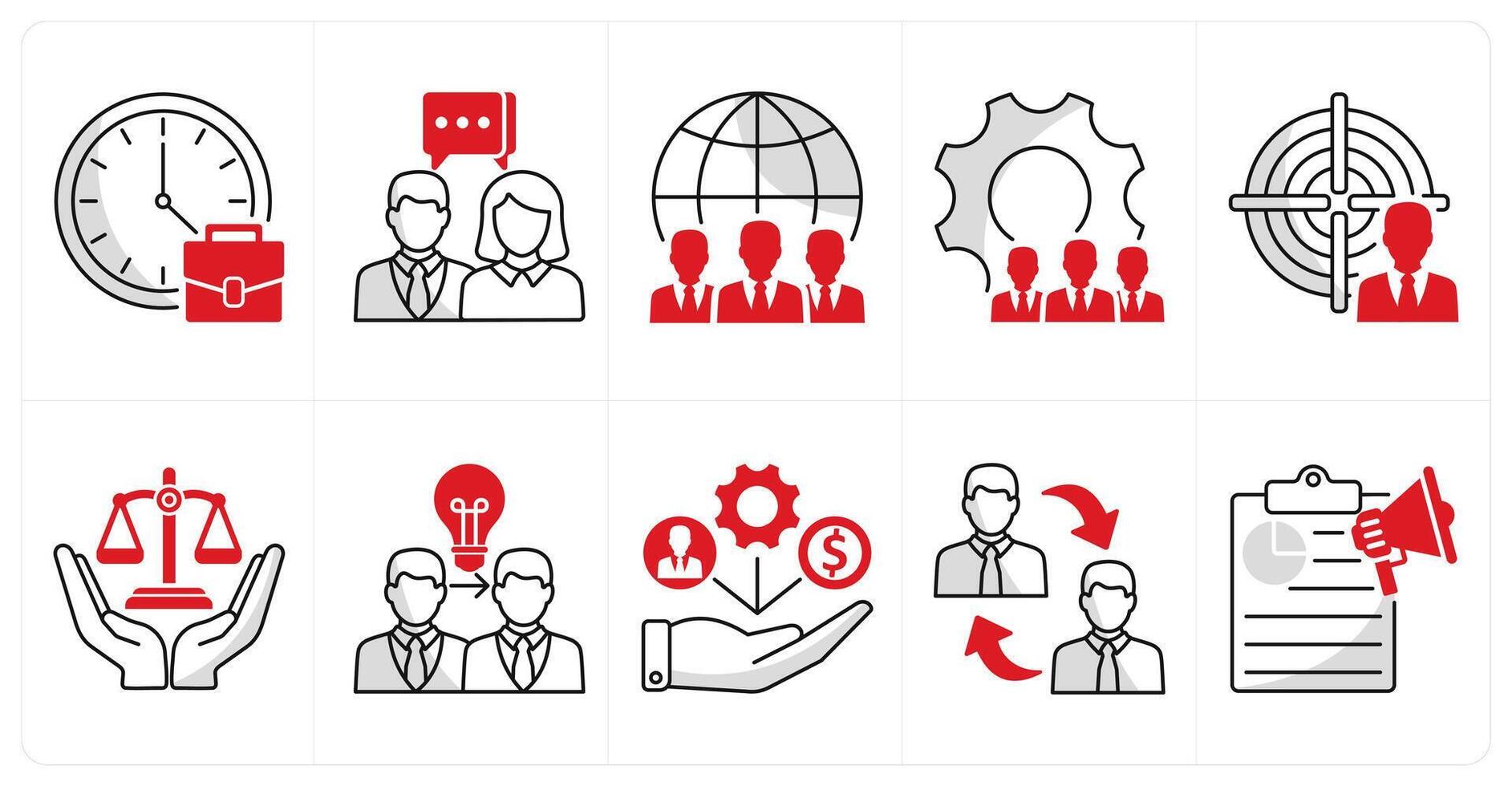 A set of 10 business icons as office hours, business communication, international team vector