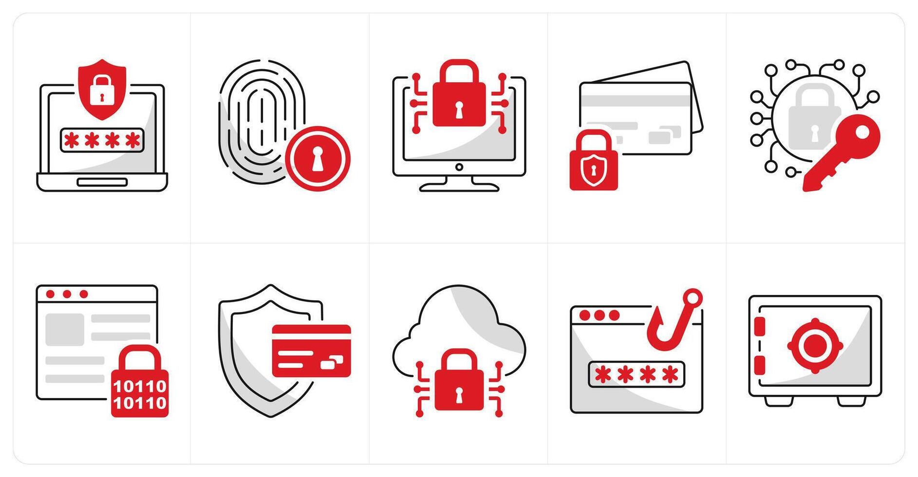 A set of 10 security icons as password safety, fingerprint security, cyber security vector