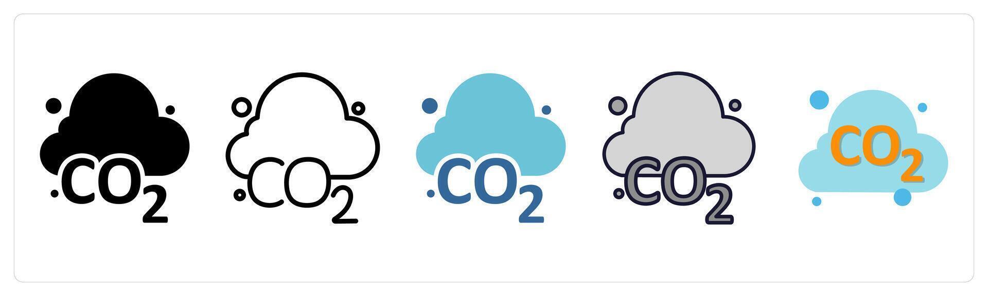 A set of 5 CO2 icons as Carbon, Emission, Climate vector