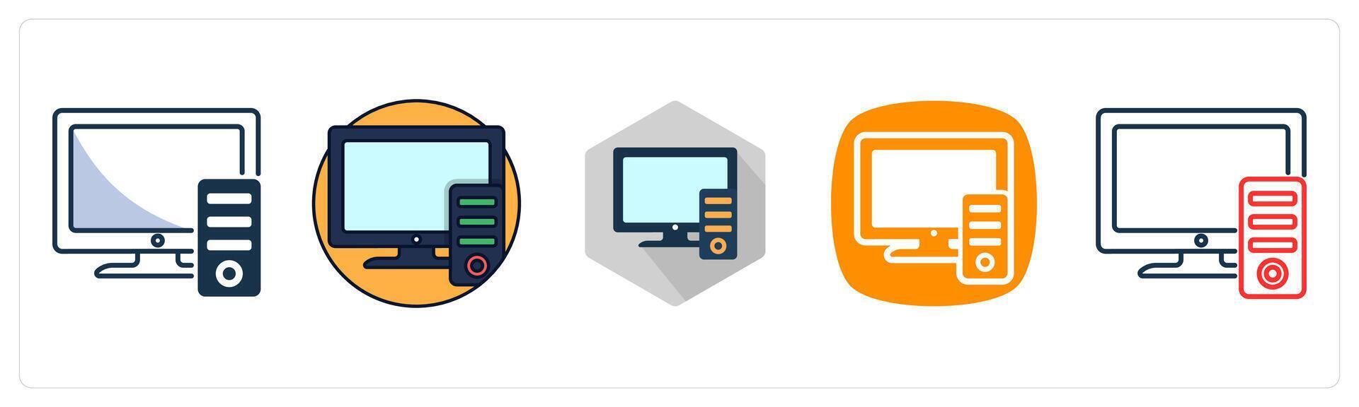 A set of 5 PC icons as Computer, Desktop, Monitor vector