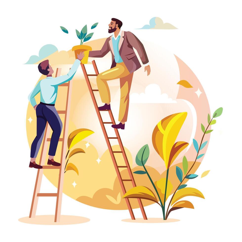 Two men are climbing up a ladder to plant a plant vector