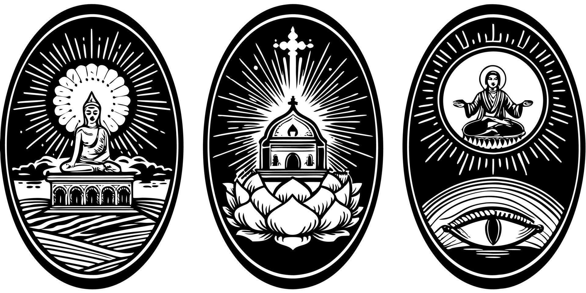 Three different religious symbols on a black and white background vector