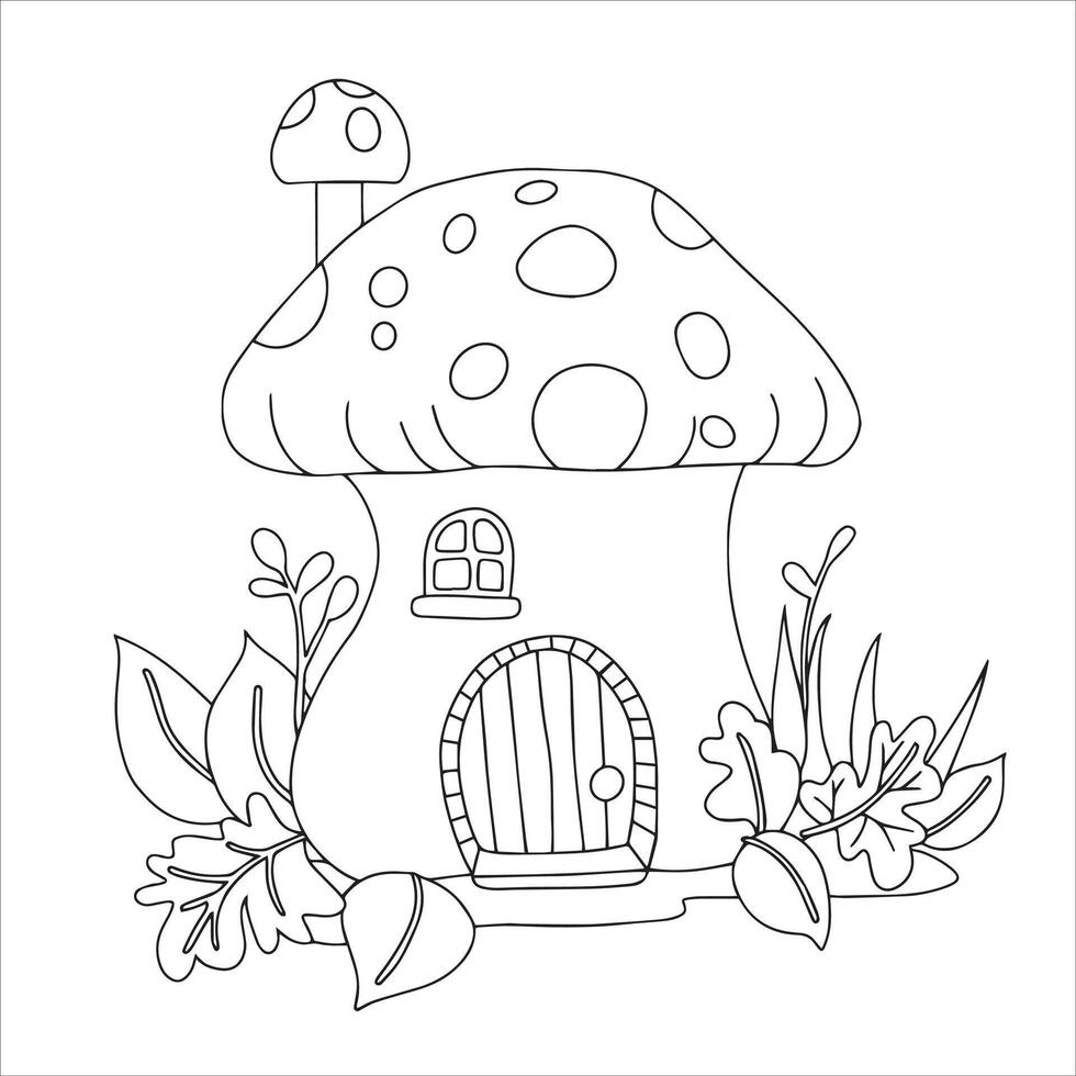 Coloring book. Cute fairy house mushroom. Drawing for children. House in the forest. Doodle vector