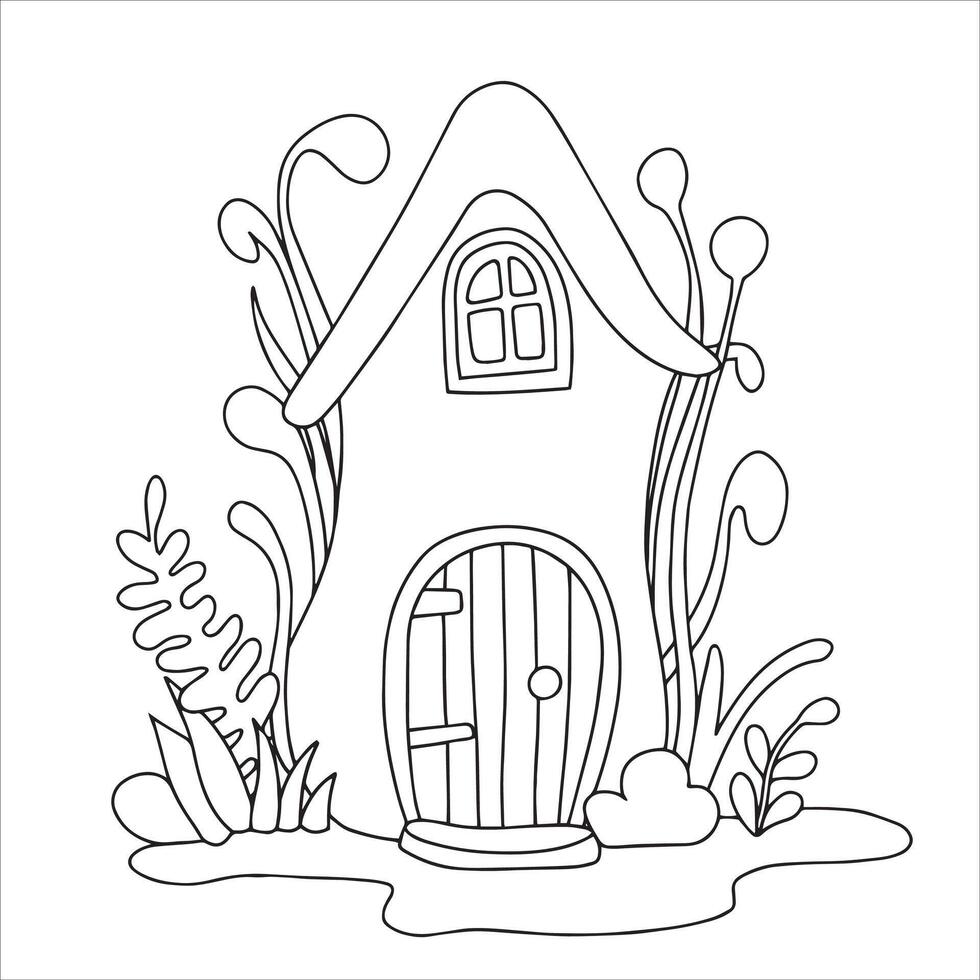 Coloring page. Cute fairy house mushroom. Drawing for children. House in the forest. Doodle vector