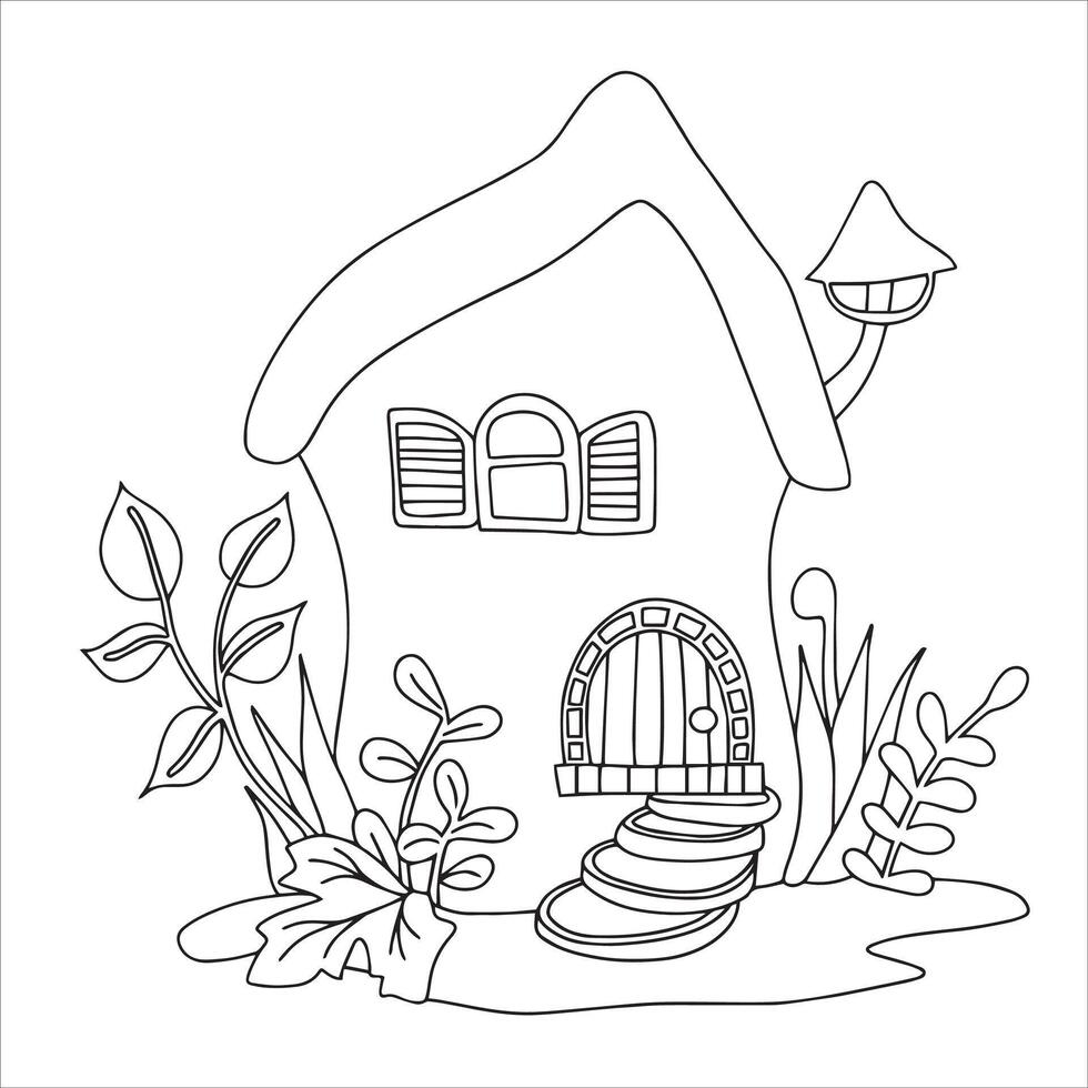 Coloring. Cute fairy house mushroom. Drawing for children. House in the forest. Doodle vector