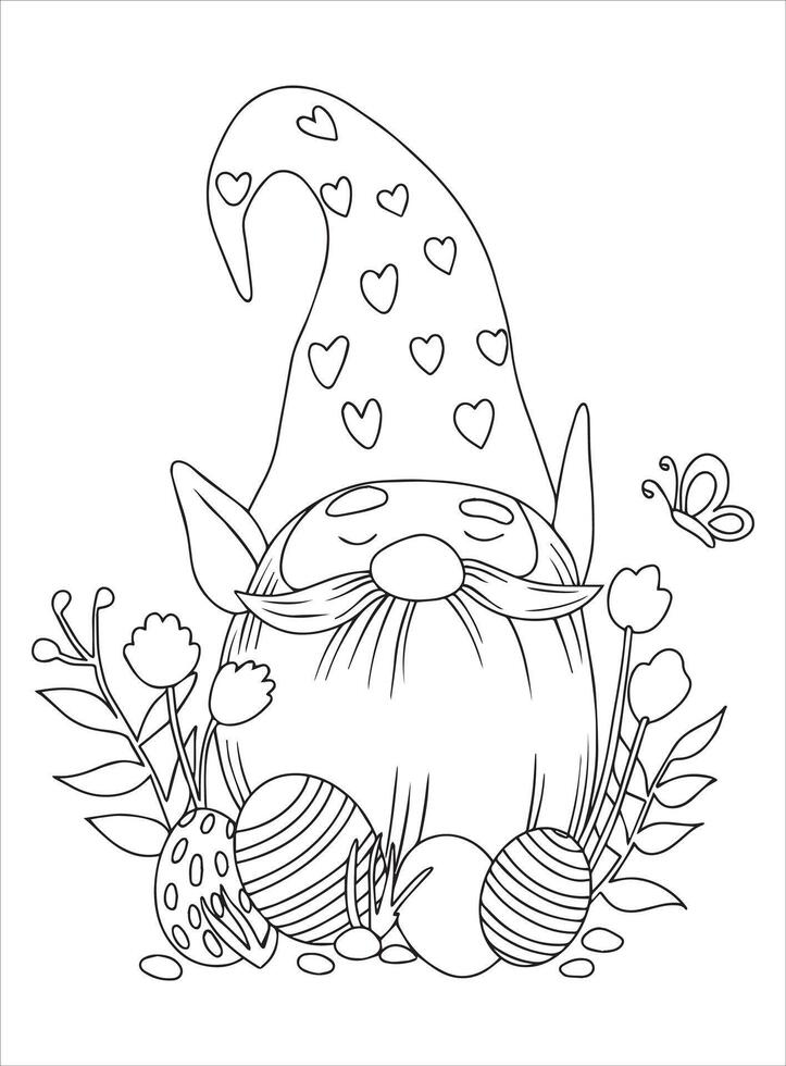 Coloring book. Cute gnome with Easter eggs and flowers. Illustration on Easter theme. Doodle style vector