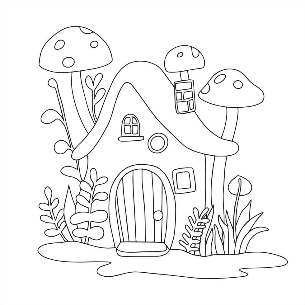 Coloring book. Cute fairy house mushroom. Illustration for children. House in the forest. Doodle vector