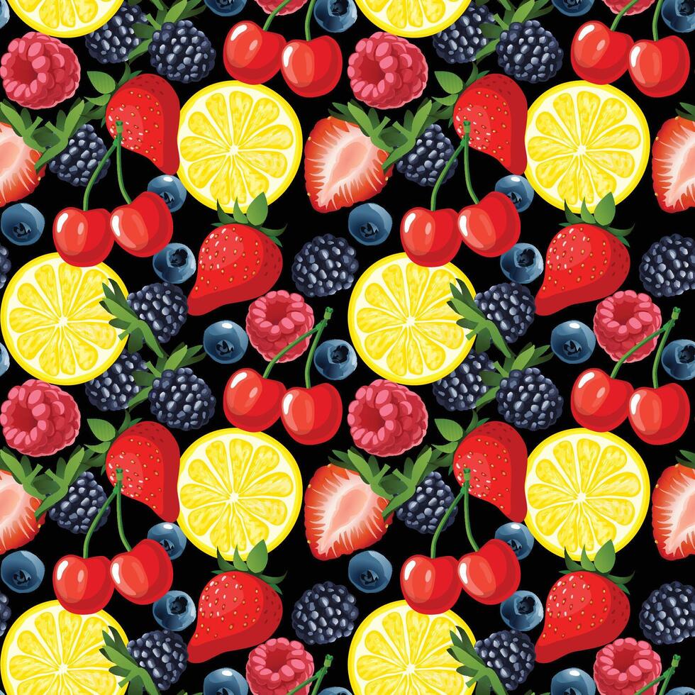 Hand drawn colorful fruit and berries seamless pattern vector