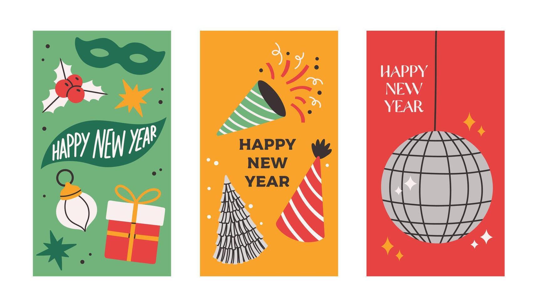 Happy New Year posters set simple flat illustration. Minimal party flyer, brochure voucher template. vector