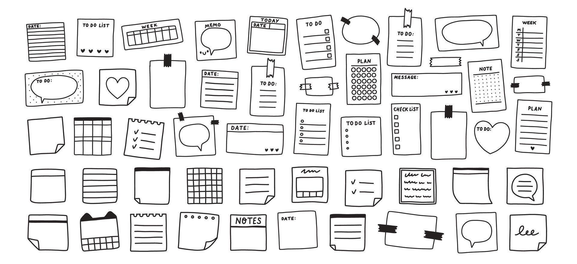 Simple sticky note set. Memo doodle. Blank square sheets of notepaper. A variety of paper stickers. Hand drawn reminder templates isolated on white background. vector
