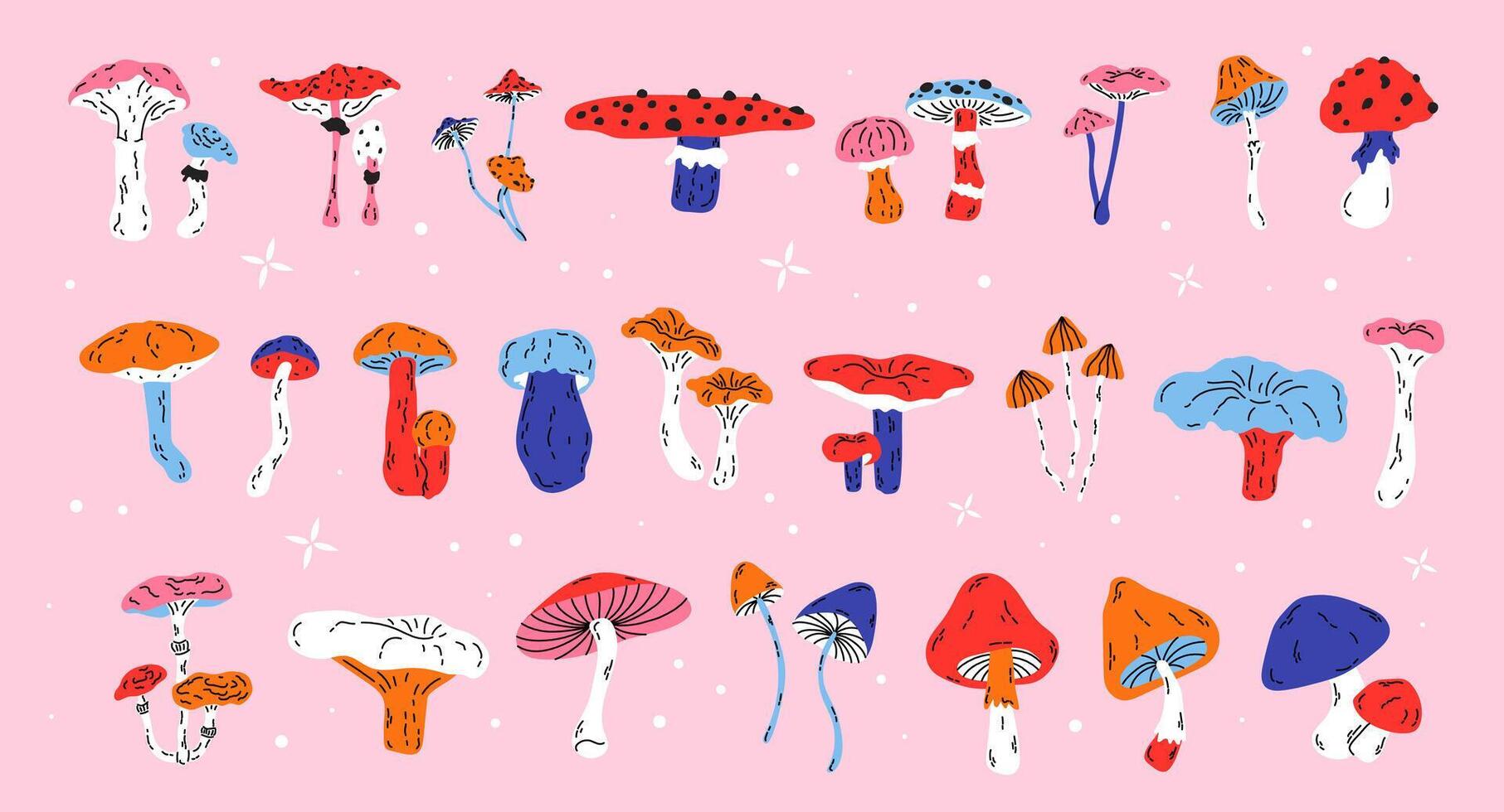 Set of different forest seasonal mushrooms toadstool, chanterelle, fly agaric, boletus. Whimsical cute mushrooms. Autumn set of hand drawn cute design elements. Fall, Thanksgiving Day, Autumn season vector