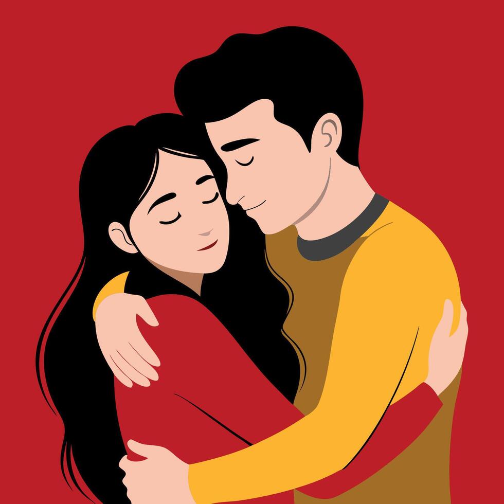 Romantic Couple Hugging with Red Love Background vector