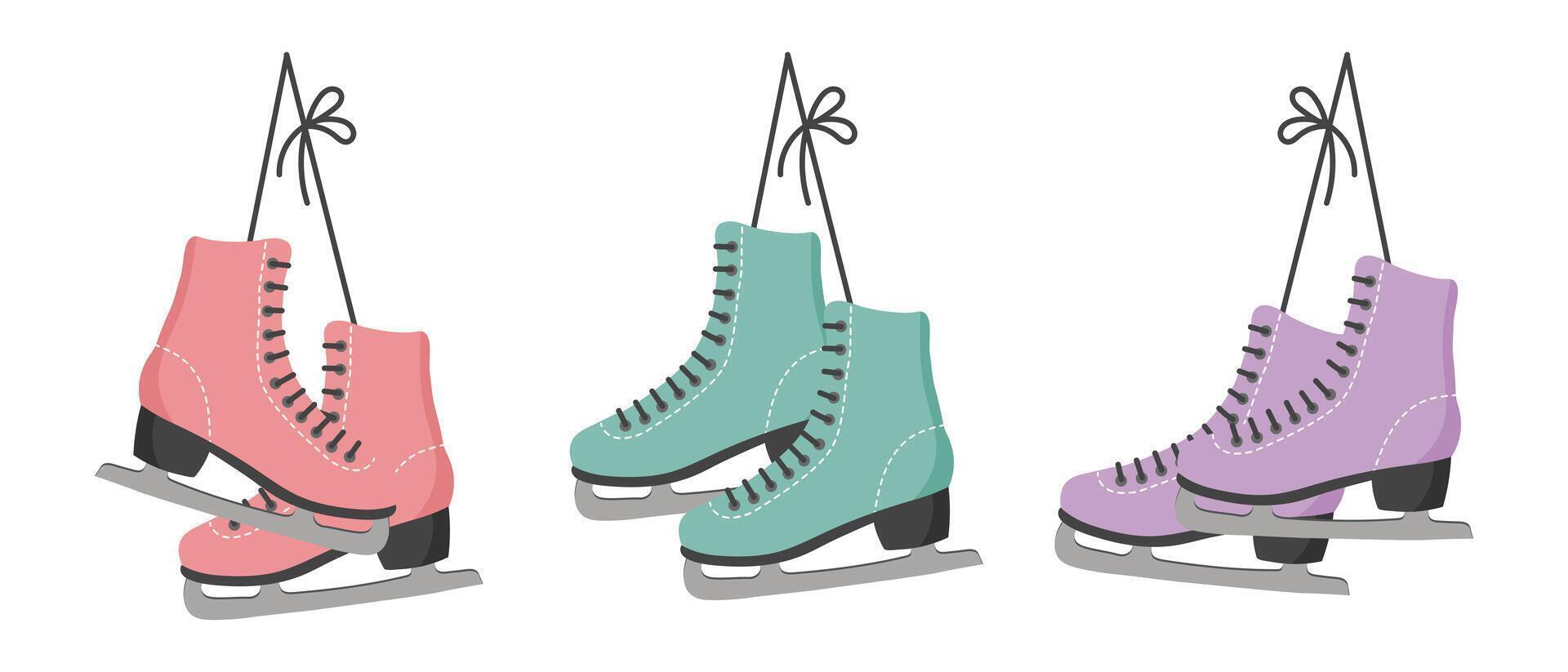 Set of hanging ice skates on white background. Figure skating icons. Ice skates icons for winter sports. Flat illustration vector
